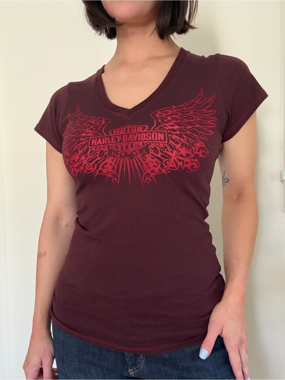 Harley Davidson Burgundy V-Neck Tee S